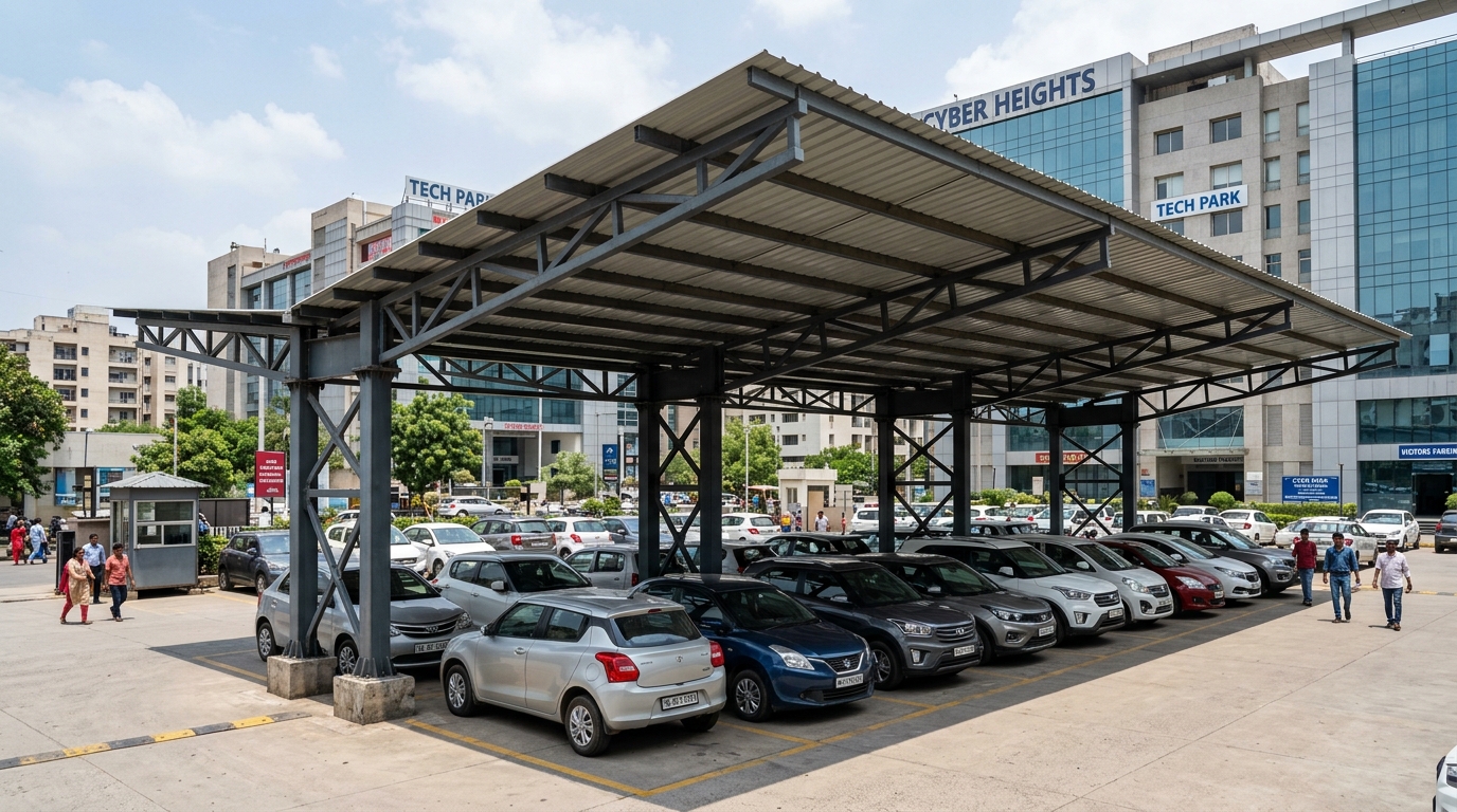 Steel car parking weather shade fabrication in Ahmedabad